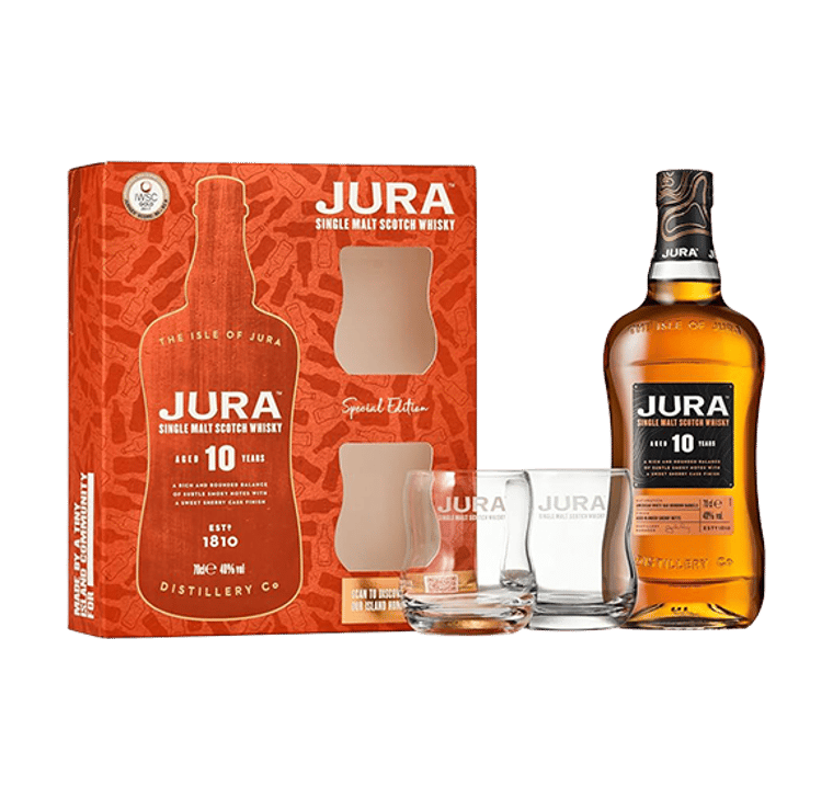 Jura 10 Year Old Single Malt Scotch Whisky 2 Glass Gift Pack 70cl